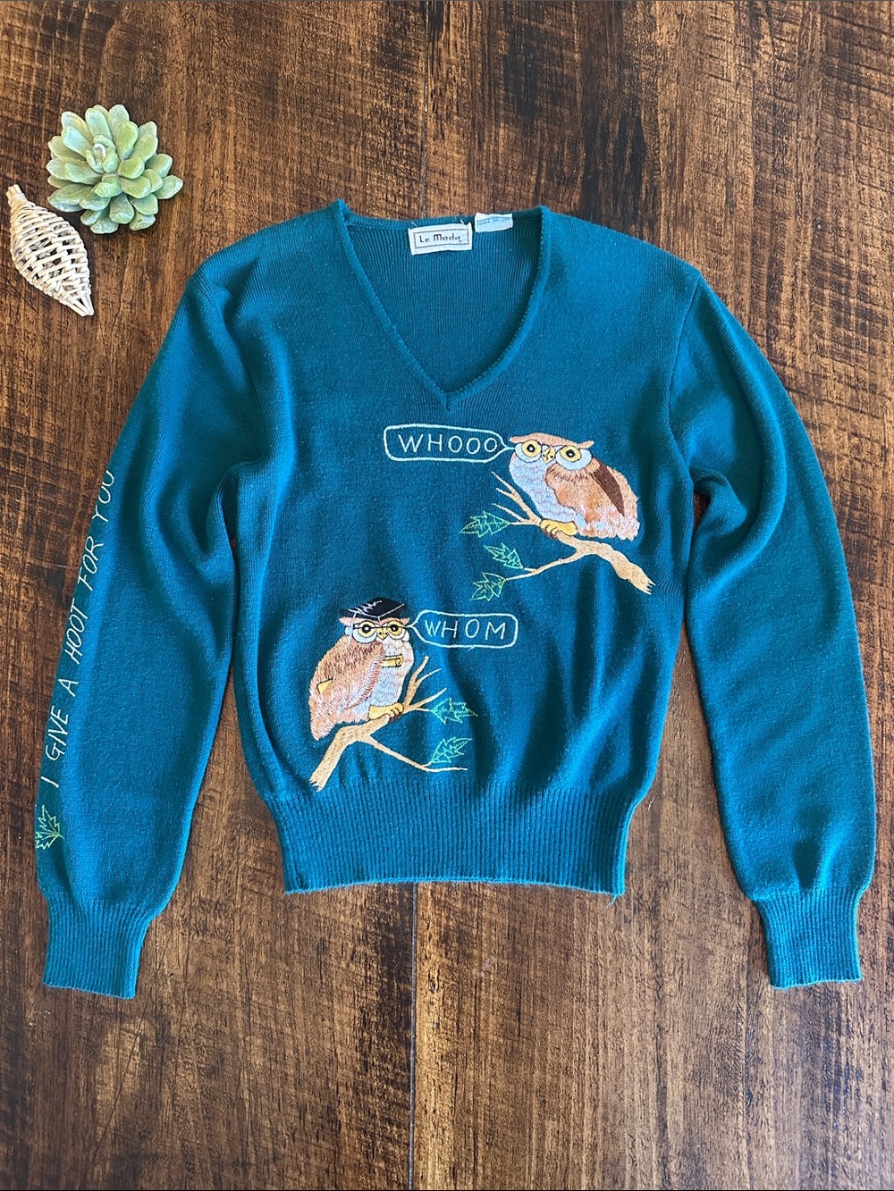 Le Moda | "Whooo / Whom" Owl Embroidered V-Neck Sweater - Forest Green, Size M